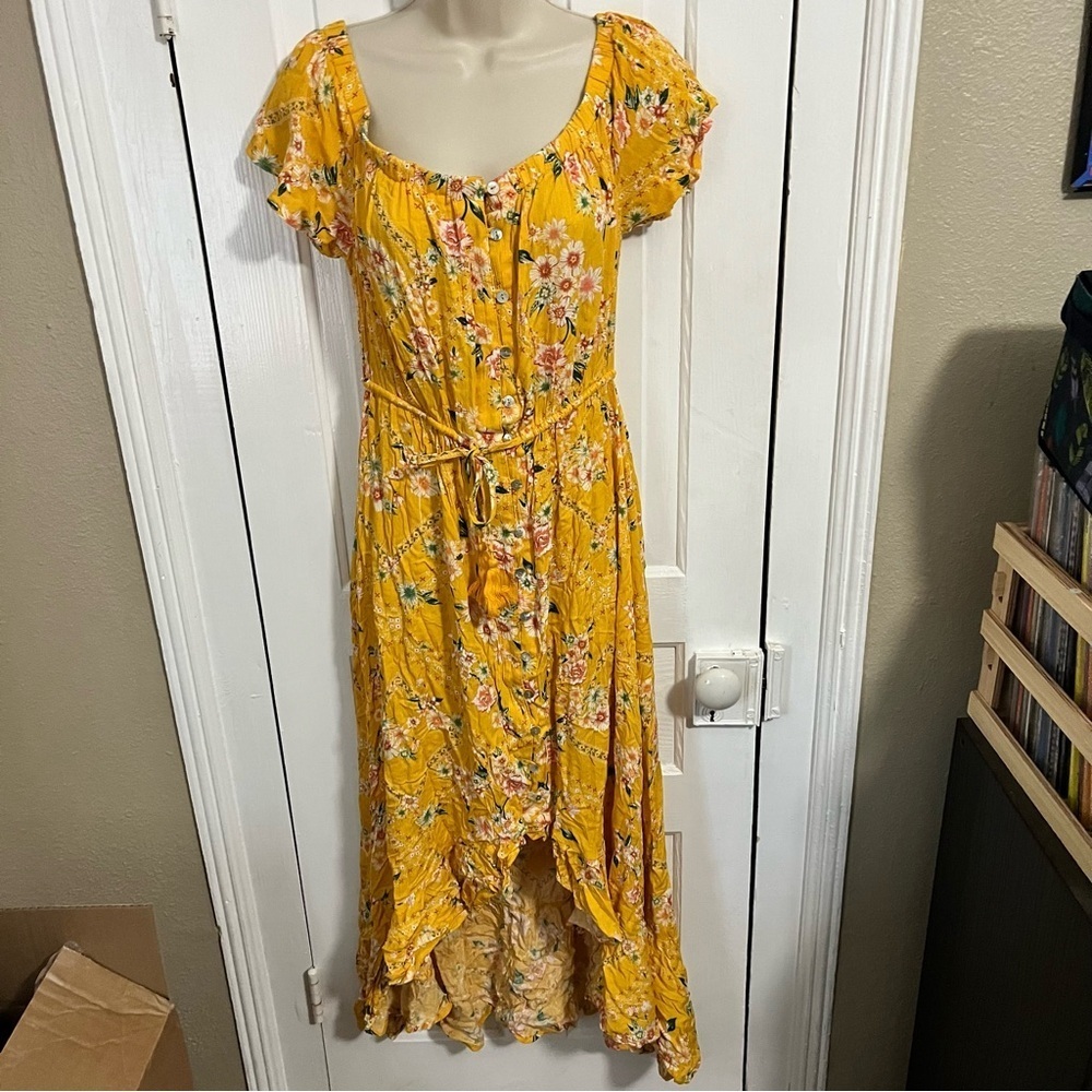 Abel the Label Yellow Floral Button Front High Low Dress Large N2